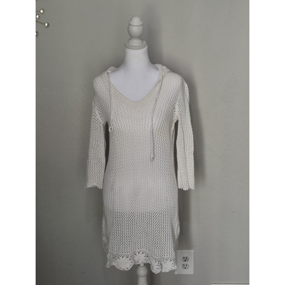 Athleta Women's Crochet Knit Hooded Cardigan Small White Boho Cover Up Coastal